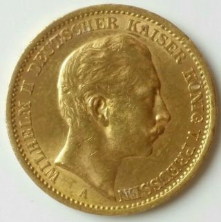 1907 A German States Kingdom Of Prussia Gold 20 Marks Wilhelm Ii