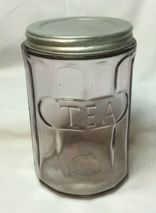 Vintage Hoosier Kitchen Cabinet Glass Panel Purple Tea Jar Canister W/ Lid