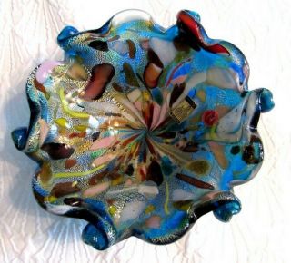 Vintage Murano Tutti Frutti Art Glass Bowl Vibrant Colors & Gold Mica