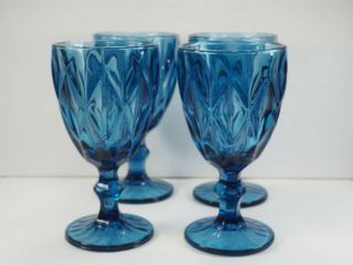 4 Vintage Teal Blue Goblets Water Wine Glasses Diamond Honeycomb 7 " Manganese