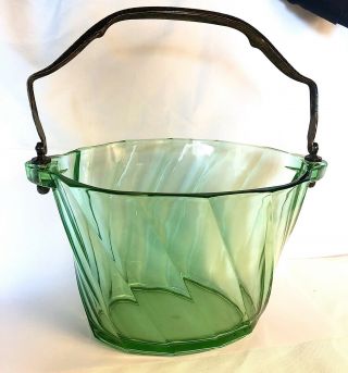 Vintage Heisey Twist Moongleam Green Depression Glass 5.  5” Handled Ice Bucket