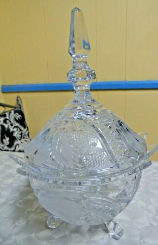 Vintage Large Clear Heavy Hand Cut Lead Crystal Covered Candy Dish