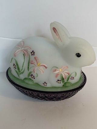 Fenton Art Glass Hand Painted Covered Bunny Rabbit Dish