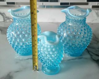 Set Of 3 Vintage Fenton Blue Opalescent Hobnail Ruffled Edge Vases 2 Sizes