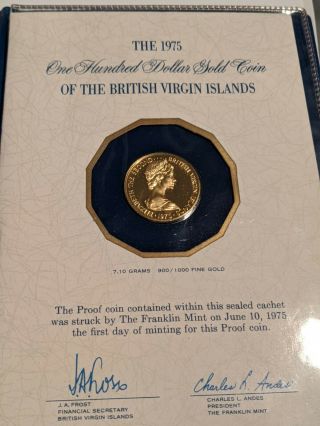 1975 British Virgin Islands $100 Gold Proof Coin.  Cachet.  Franklin