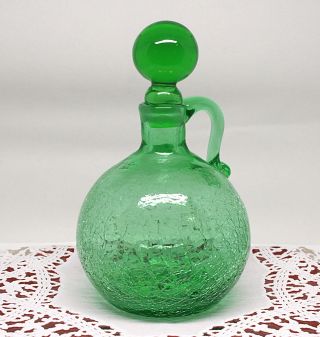 Vintage Green Crackle Art Glass Cruet With Stopper