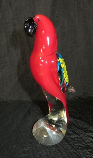 Murano Italy Parrot Hand Blown Red Multi Colorful Art Glass Bird Figurine 8” Euc