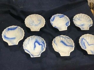 Vintage Akro Agate Set Of 7 Blue And White Slag Clam Shell Dishes 4 In