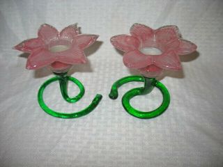 Hand Blown Glass Flower Votive Tea Light Candle Set Of Holders Pink/green Color
