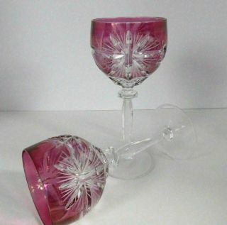 Bohemian Amethyst Cut To Clear Wine Hock Goblets Etched Star Design