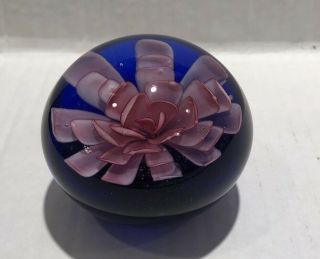 Murano Art Glass Paper Weight Blue With Large Pink Flower