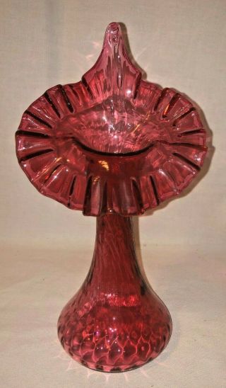 Vintage Fenton Cranberry Optic Art Glass Swirl Ruffled Vase W/sticker