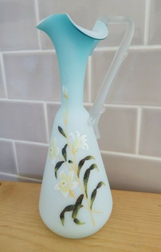 Vintage Fenton Satin Glass Cruet Pitcher Vase Hand Painted Blown Blue