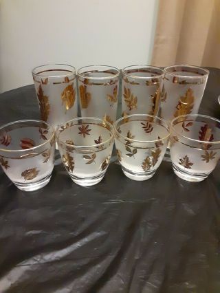 Libbey Frosted Gold Leaf 4 Highball Glasses & 4 Lowball Cocktail Glasses Vintage