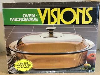 Visions Amber 4 - Quart Oval Roaster Dutch Oven Ribbed Casserole,  Lid Corning V34