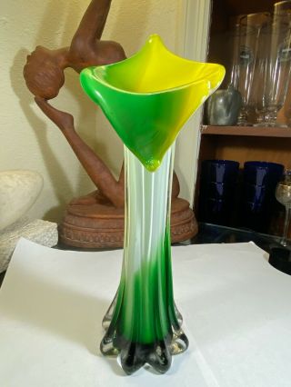 Art Blown Glass Jack In The Pulpit Vase Emerald Green White & Sun Yellow