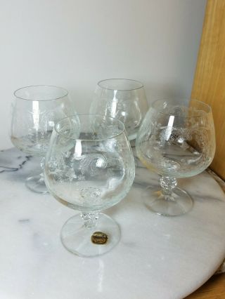 Vintage Bohemia Crystal Brandy/cognac Snifters Etched Pattern Glasses Set Of 4