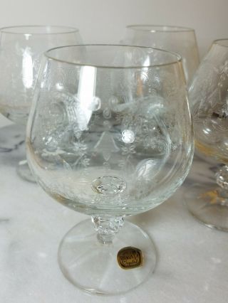Vintage Bohemia Crystal Brandy/Cognac Snifters Etched Pattern Glasses Set of 4 2