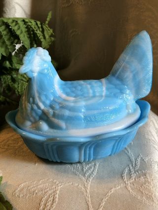 FENTON Split Tail Hen On Nest Blue White Slag Glass Candy Dish Signed 3