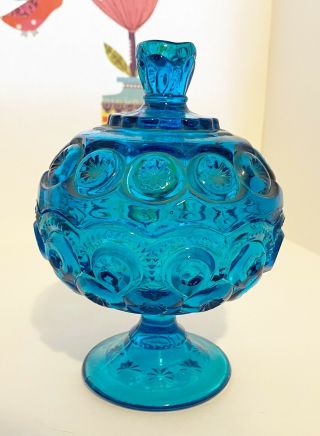 Le Smith Moon And Stars Colonial Blue Glass Pedestal Candy Dish/ Compote & Lid
