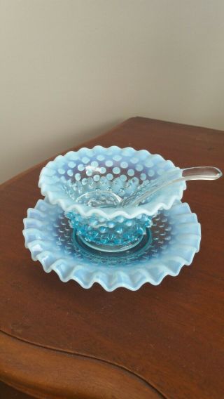 Vintage Fenton Blue Opalescent Hobnail Glass 3 Piece Condiment Set