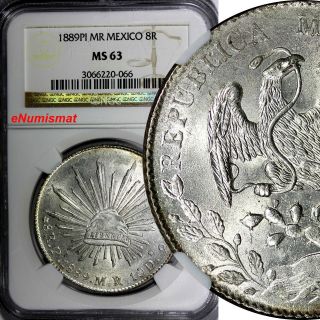 Mexico Republic Silver 1889 Pi Mr 8 Reales Ngc Ms63 San Luis Potosi Km 377.  12