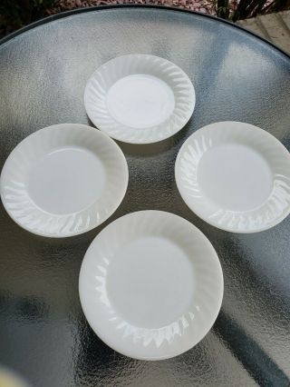 Set Of 4 Vintage Fire King White Milk Glass Swirl 7 3/4 " Plates