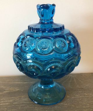 Vintage Le Smith Blue Moon & Stars Compote Candy Dish Colonial Lidded