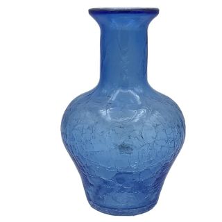 Blenko Blue Vase Hand Blown Crackle Glass Approx 8” Tall Stunning Vintage
