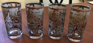 Vintage Cera Glass Old World Map 22k Gold Highball Glasses Set Of 4