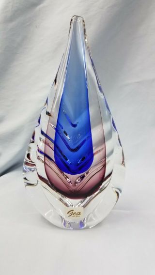 Vintage Gea Art Glass Teardrop Sculpture Tricolor Cobalt Blue Burgundy Clear