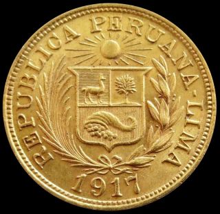 1917 Gold Peru 7.  988 Grams Un Libra Pound Coin Lima