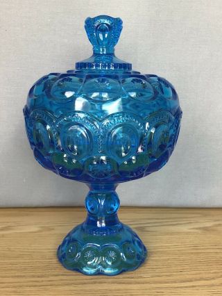 Vintage Le Smith Blue Moon & Stars Glass Footed Candy Compote Dish W/lid