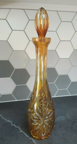 Tall Vintage Amber Cut To Clear Glass Bohemian Decanter