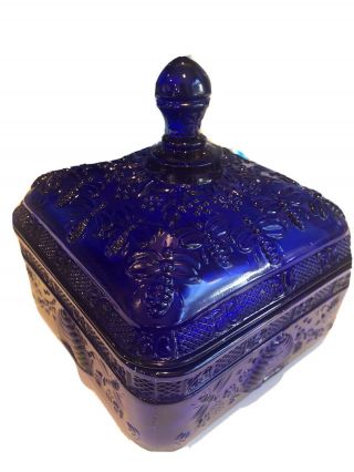 Vintage Tiara Indiana Glass Honey Bee Hive Footed & Covered Candy Dish - Cobalt B