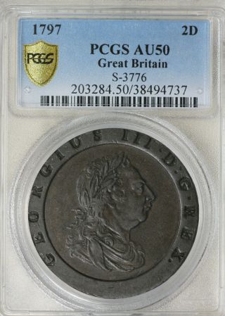 Gorgeous 1797 George Iii 2 Pence Cartwheel Great Britain Coin - Pcgs Au50
