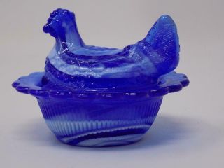 Mosser Cobalt Blue Slag Glass Hen On Nest Salt Cellar Trinket Dish
