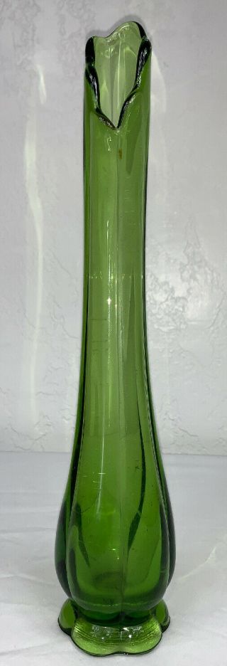 Vintage Mid Century Viking Glass Green Drape Vase 13” Tall Flower Shaped Bott