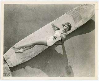 1940s Vintage Pin Up Photograph Janet Leigh On Surfboard Barefoot Bathing Beauty