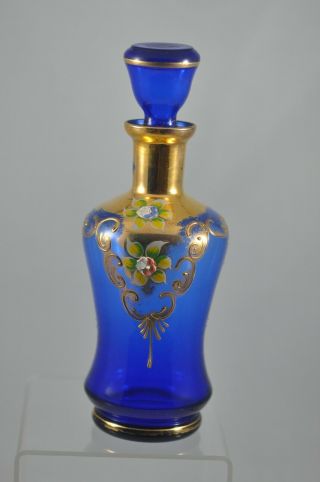 Vintage Bohemian Cobalt Blue Glass Gold Enamel Flowers Decanter Hand Painted