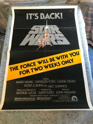 Star Wars 1981 Re - Release 1 Sheet Movie Poster 27 " X 41 " (g/vg) Lucas