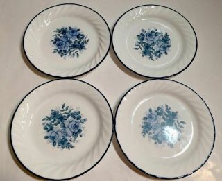 Set Of 4 Corelle Blue Velvet Salad Bread Plates Roses 7 1/4 "