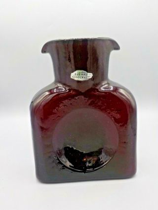 Vintage Blenko Hand Crafted Pinch Glass Bottle Carafe Ruby Red Decanter W/label