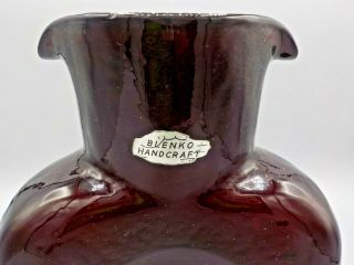 Vintage Blenko Hand Crafted Pinch Glass Bottle Carafe Ruby Red Decanter w/Label 2