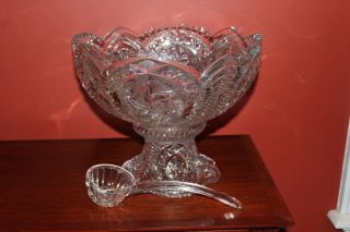 Vintage 2 Piece Heavy Cut Glass Punch Bowl & Pedestal W/ Ladle 12 1/4 " Tall