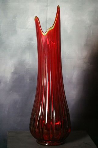 Vtg Lg L.  E.  Smith Red Orange Amberina Ribbed Fat Glass 20 1/4 " Swung Stretch Vase