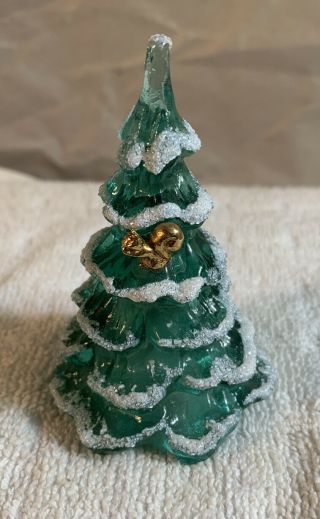 3” Fenton Green Glass Christmas Tree Flocked Snow & Gold Squirrel.  With Label