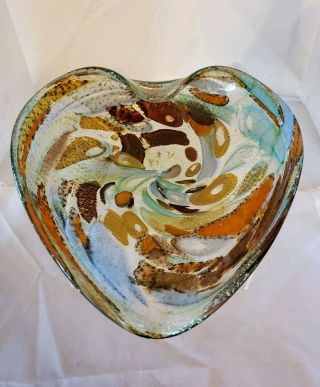 Vintage Murano Art Glass Heart Shaped Bowl Or Ashtray - Orange,  Blue,  Gold Flake