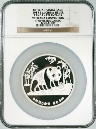 1987 Proof 5 Oz.  China Silver Panda,  96th Ana Convention,  Ngc Pf 69 Ultra Cameo