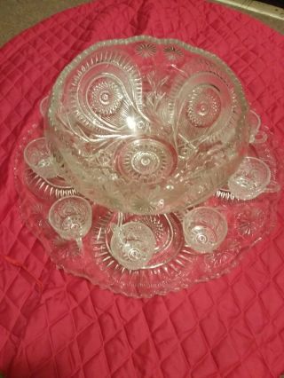 Vintage Le Smith Glass Pinwheel Punch Bowl 11 Piece Set
